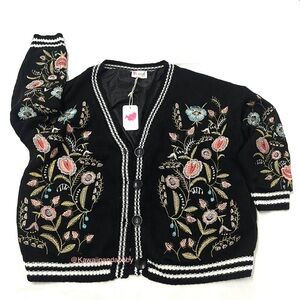 Anthropologie Chunky Oversized Floral Embroidered Black Cardigan Sweater Size M